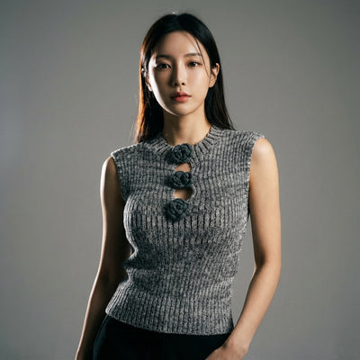 Gilet femme coréen en maille avec fleurs 3D - Koreanxwear - Taille One Size