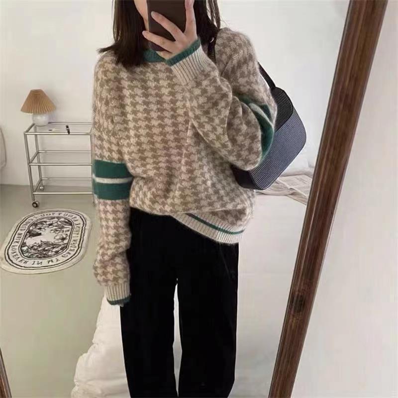 Koreanischer Pullover mit Hahnentrittmuster