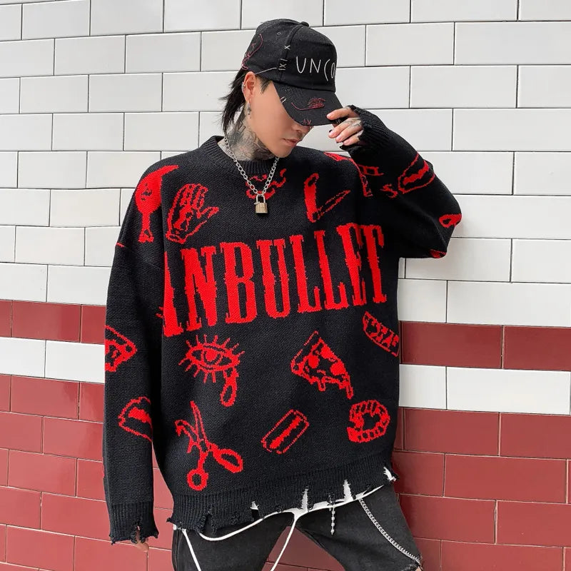 Glänzender Punk-Pullover mit Rissen – Hip-Hop-Stil