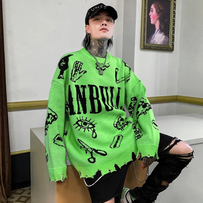 Glänzender Punk-Pullover mit Rissen – Hip-Hop-Stil