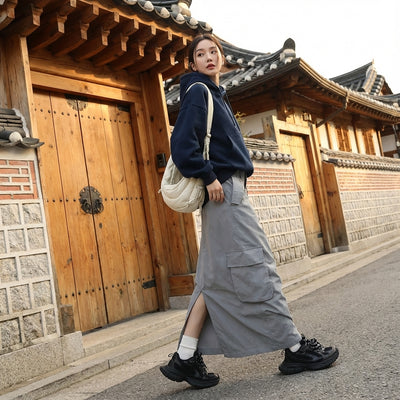 Jupe longue femme coréenne grise style workwear en coton et nylon - Koreanxwear