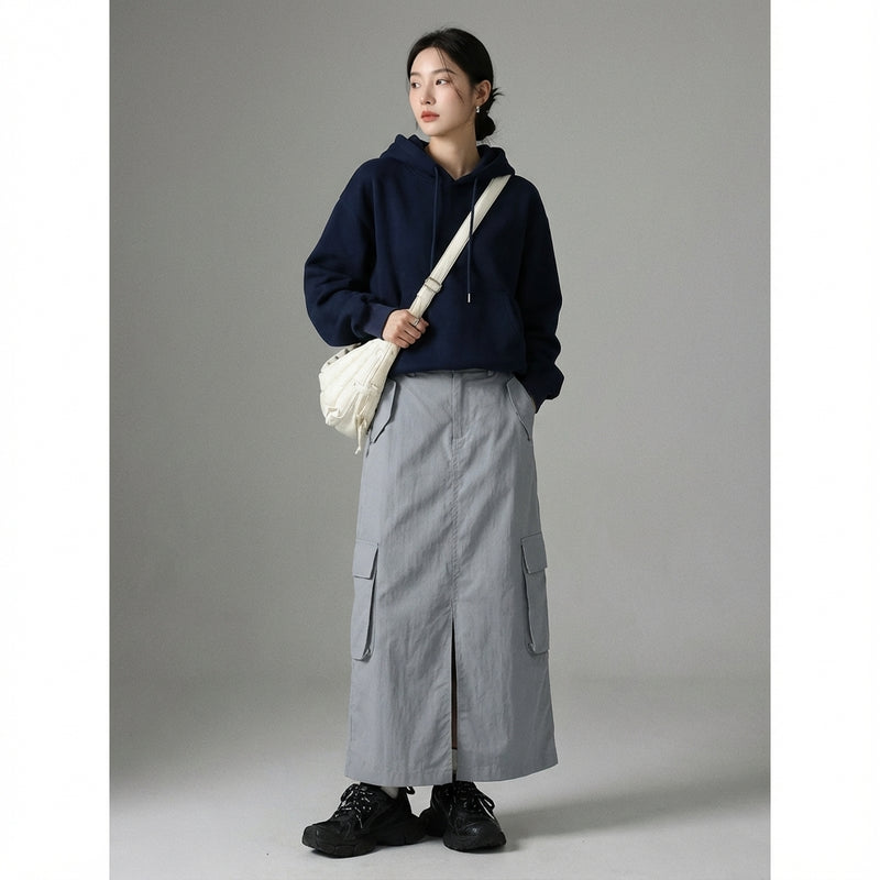 Jupe longue femme coréenne grise style workwear en coton et nylon - Koreanxwear - Taille M