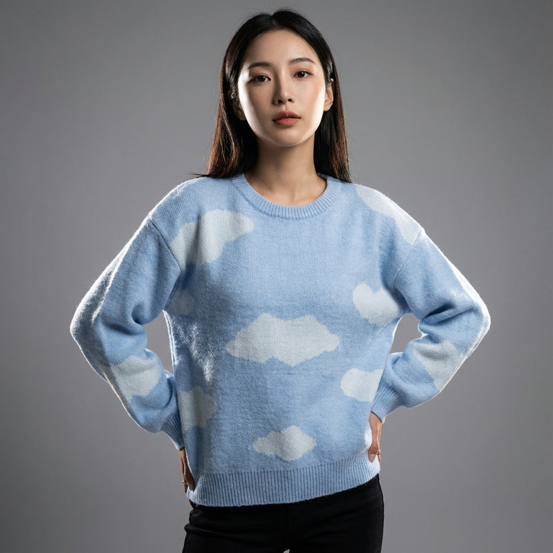 Pull Coréen femme Color Block col rond épaules tombantes - Mode Koreanxwear - Taille S