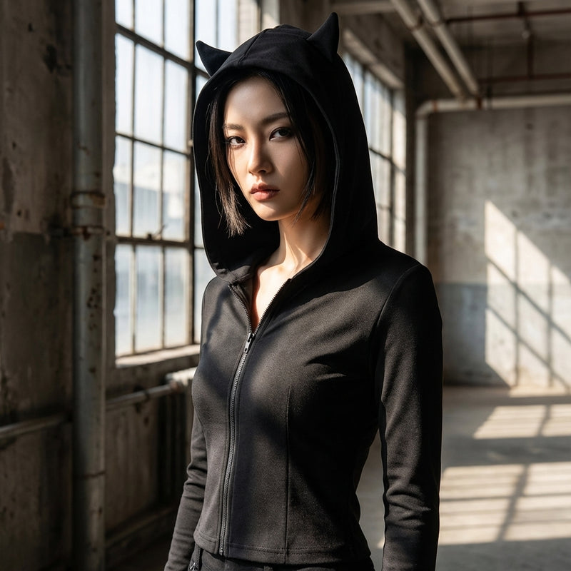 T-shirt noir à capuche col V manches longues pour femme - Style Coréen Koreanxwear