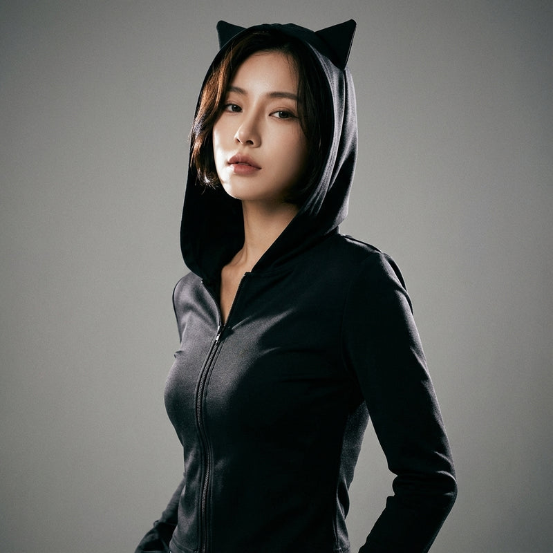 T-shirt noir à capuche col V manches longues pour femme - Style Coréen Koreanxwear - Taille S