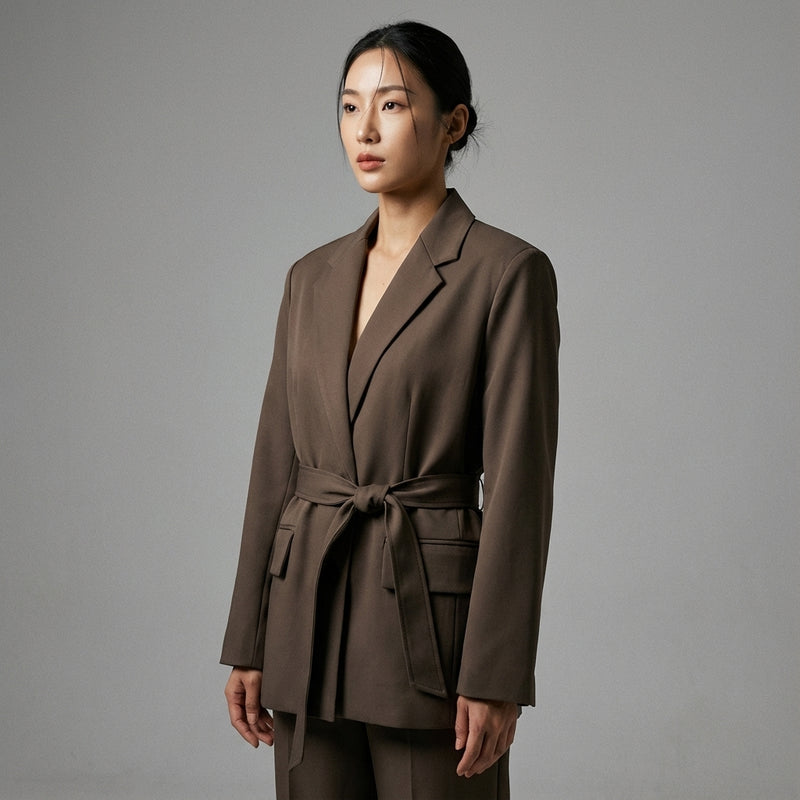 Veste blazer coréenne femme marron foncé avec ceinture - Mode chic Koreanxwear - Taille L