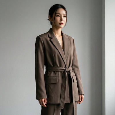 Veste blazer coréenne femme marron foncé avec ceinture - Mode chic Koreanxwear - Taille M