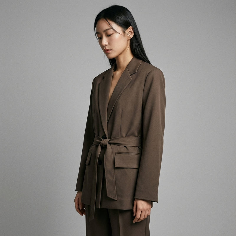 Veste blazer coréenne femme marron foncé avec ceinture - Mode chic Koreanxwear - Taille XS