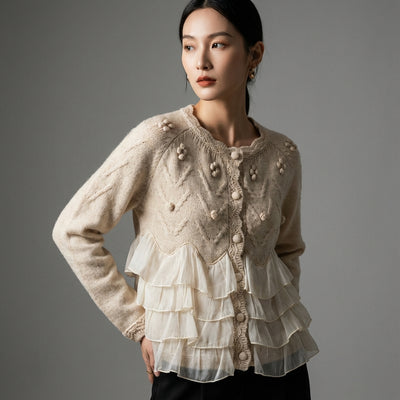 Cardigan coréen en cachemire beige pour femme, col rond, manches longues, boutons - Koreanxwear - Taille One Size