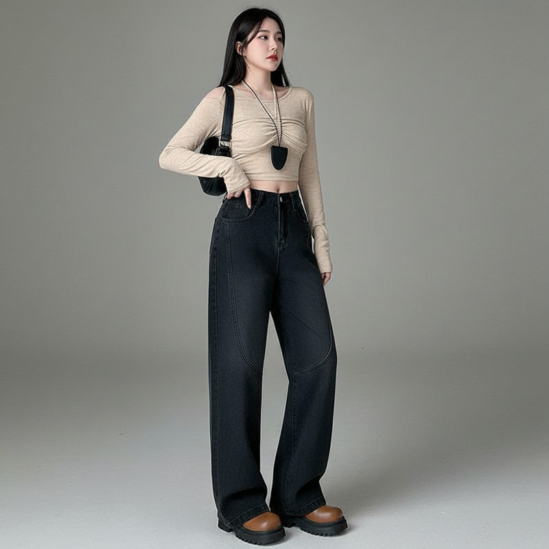 Koreanische Damen-Jeans mit geradem Schnitt und Schlitz