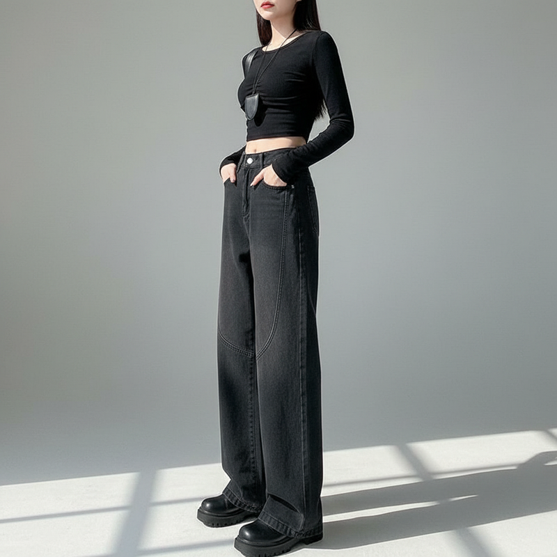 Koreanische Damen-Jeans mit geradem Schnitt und Schlitz