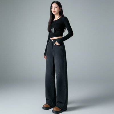 Koreanische Damen-Jeans mit geradem Schnitt und Schlitz