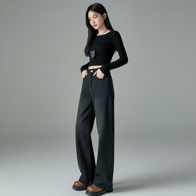 Koreanische Damen-Jeans mit geradem Schnitt und Schlitz
