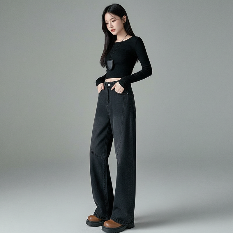 Koreanische Damen-Jeans mit geradem Schnitt und Schlitz