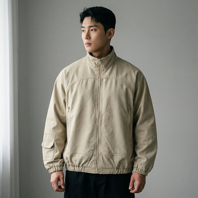 Veste homme Coréenne col montant beige. Style rétro streetwear Koreanxwear. - Taille L