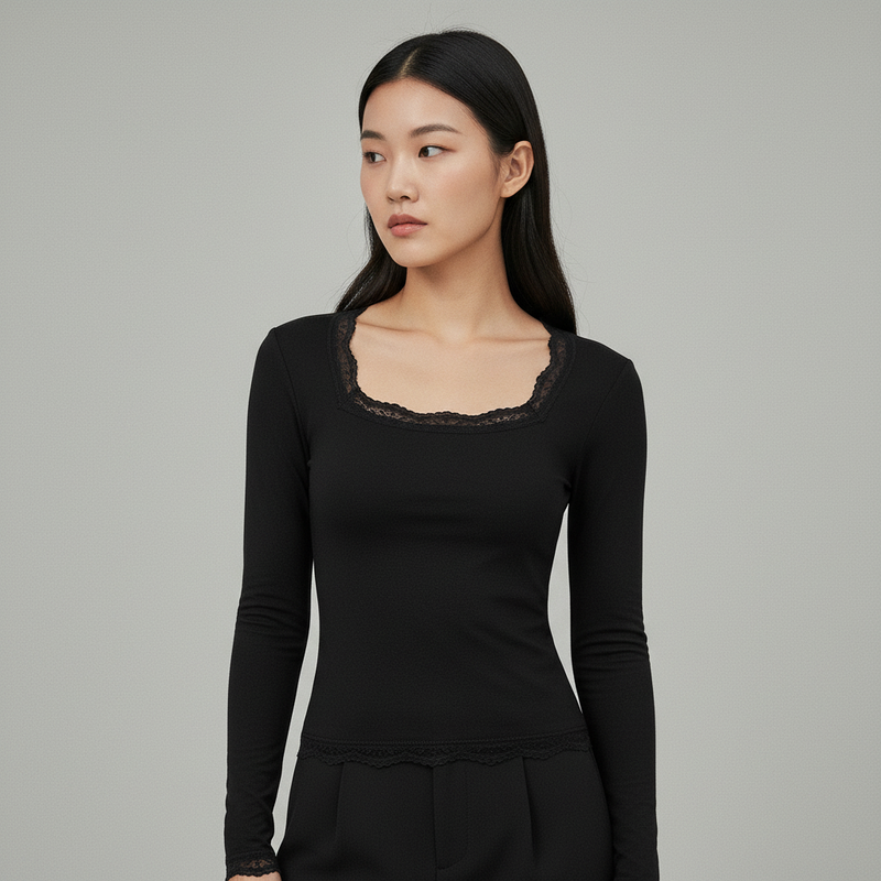 T-Shirt mit quadratischem Ausschnitt und Spitze im koreanischen Stil