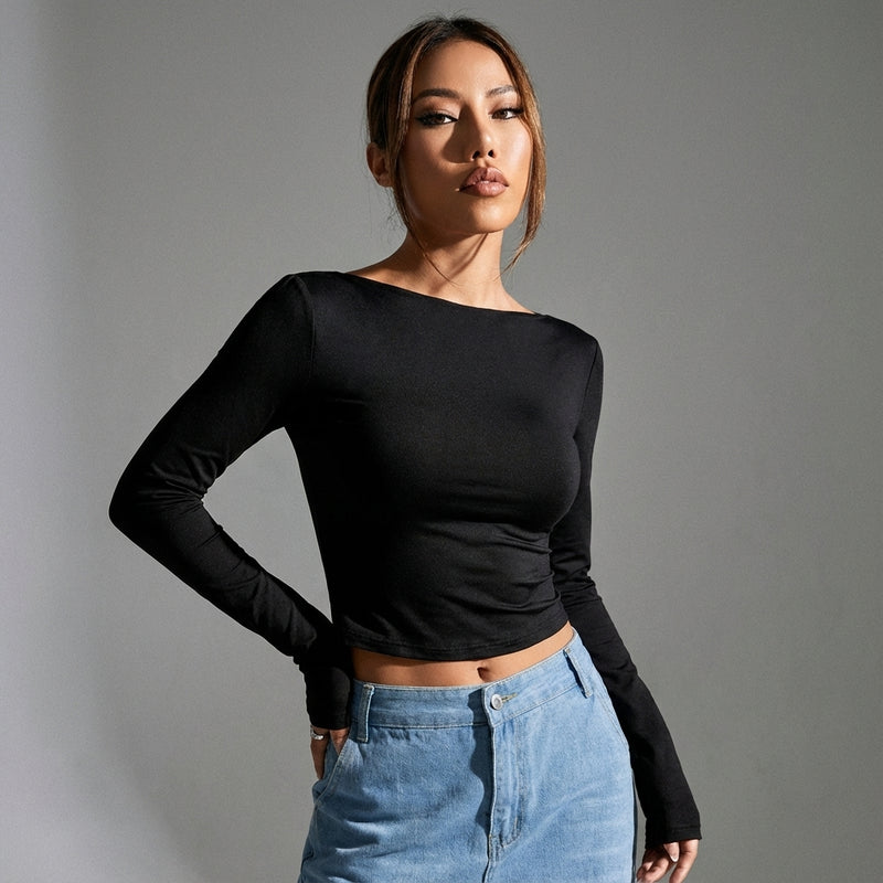 T-shirt dos nu noir femme, manches longues ajustées. Mode Coréenne Koreanxwear. Automne-Hiver. - Taille M