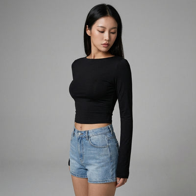 T-shirt dos nu noir femme, manches longues ajustées. Mode Coréenne Koreanxwear. Automne-Hiver. - Taille S
