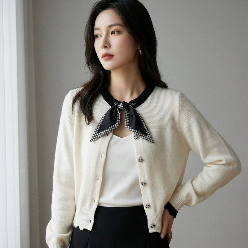 Cardigan court femme Coréen en cachemire avec nœud - Noir ou Ivoire - Taille One Size