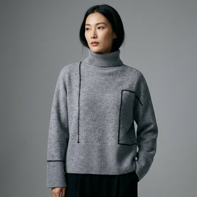 Pull col roulé oversize femme en maille grise - Mode Coréenne Hiver Koreanxwear - Taille L