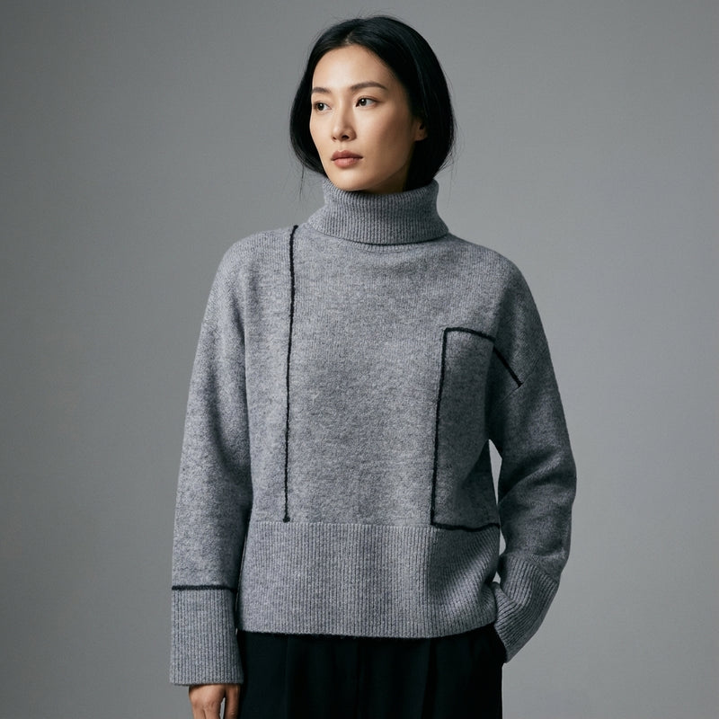 Pull col roulé oversize femme en maille grise - Mode Coréenne Hiver Koreanxwear - Taille L