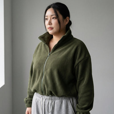 Veste courte zippée femme Coréenne vert kaki. Mode streetwear décontractée Koreanxwear. - Taille XL - Grande Taille