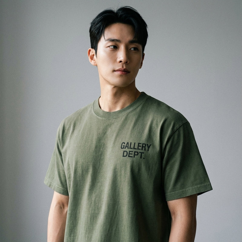 T-Shirt Coréen unisexe vert militaire à col rond et manches courtes - Koreanxwear - Taille L