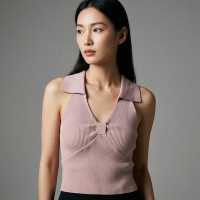 Gilet court tricoté femme col polo - Noir, Blanc, Bleu Ciel, Rose Clair - Mode Coréenne Koreanxwear - Taille One Size