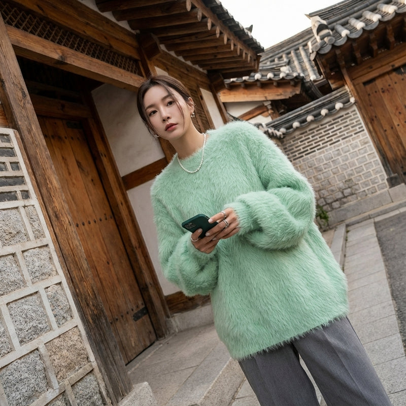 Pull femme coréen col rond ample couleur unie - Mode Coréenne Koreanxwear