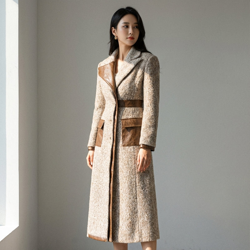 Trench-coat long Coréen femme couleur café, col revers, boutonnage simple. Idéal mode Coréenne Koreanxwear. - Taille L