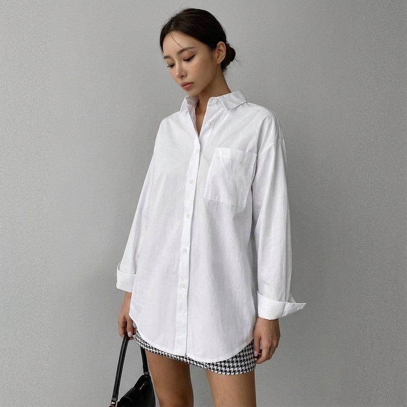 Chemisier cardigan Coréen femme blanc ample. Top élégant manches longues pour Koreanxwear. - Taille S