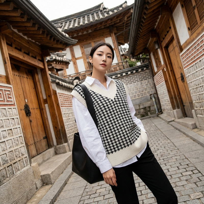 Gilet pull femme Coréen oversize à carreaux col V sans manches - Koreanxwear