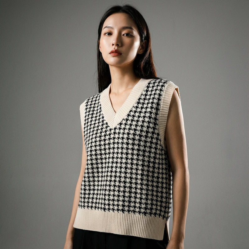 Gilet pull femme Coréen oversize à carreaux col V sans manches - Koreanxwear - Taille M