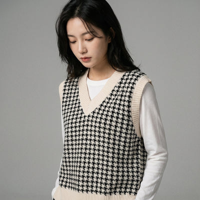 Gilet pull femme Coréen oversize à carreaux col V sans manches - Koreanxwear - Taille S