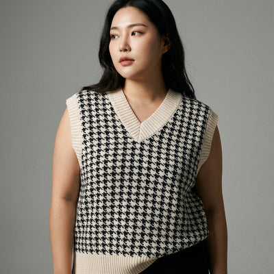 Gilet pull femme Coréen oversize à carreaux col V sans manches - Koreanxwear - Taille XL - Grande Taille
