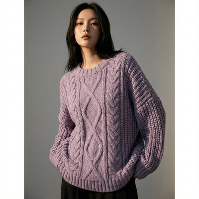 Pull femme tricoté torsadé col rond coréen, coupe ample, couleurs beige, café, violet. - Taille One size