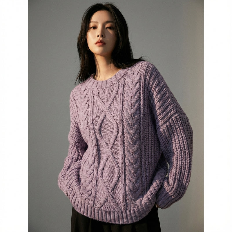 Pull femme tricoté torsadé col rond coréen, coupe ample, couleurs beige, café, violet. - Taille One size