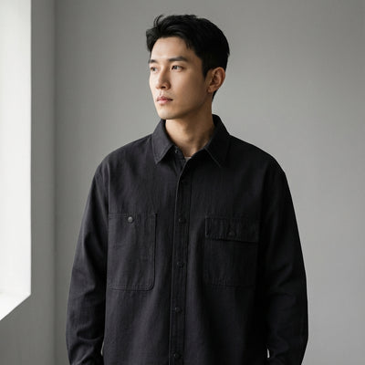 Chemise coréenne ample unie à manches longues en coton - Beige, Noir, Kaki Koreanxwear - Taille L