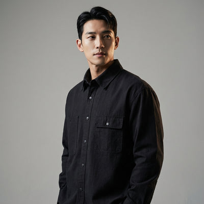 Chemise coréenne ample unie à manches longues en coton - Beige, Noir, Kaki Koreanxwear - Taille M