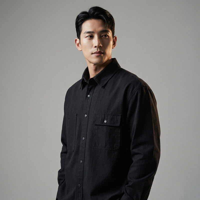 Chemise coréenne ample unie à manches longues en coton - Beige, Noir, Kaki Koreanxwear - Taille M