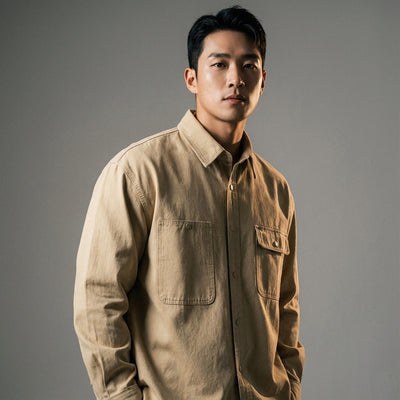 Chemise coréenne ample unie à manches longues en coton - Beige, Noir, Kaki Koreanxwear - Taille L