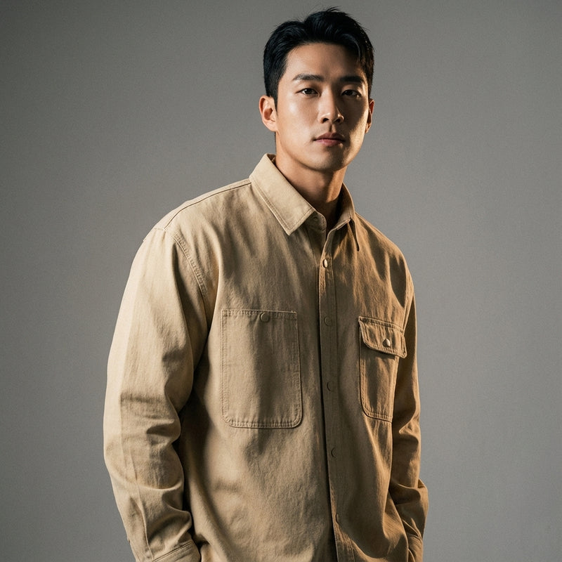 Chemise coréenne ample unie à manches longues en coton - Beige, Noir, Kaki Koreanxwear - Taille L