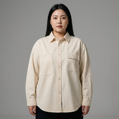 Chemise coréenne ample unie à manches longues en coton - Beige, Noir, Kaki Koreanxwear - Taille XXL - Grande Taille