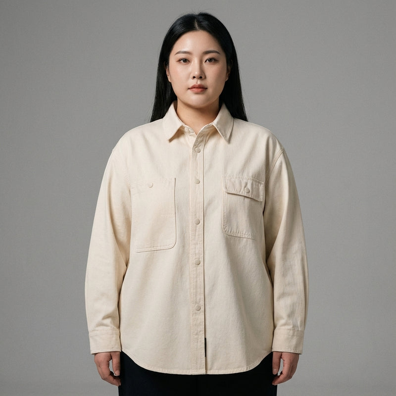 Chemise coréenne ample unie à manches longues en coton - Beige, Noir, Kaki Koreanxwear - Taille XXL - Grande Taille