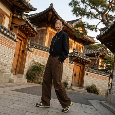 Pantalon cargo coréen femme denim noir avec poches - Style streetwear Koreanxwear