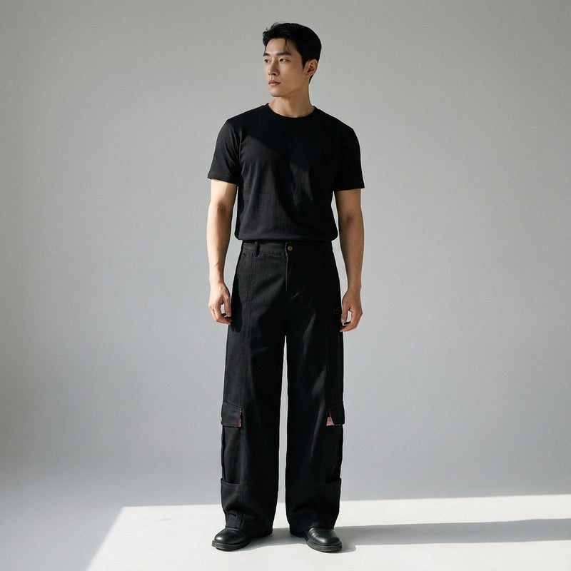 Pantalon cargo coréen femme denim noir avec poches - Style streetwear Koreanxwear - Taille M