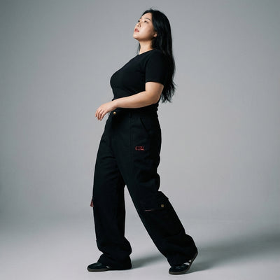 Pantalon cargo coréen femme denim noir avec poches - Style streetwear Koreanxwear - Taille XL - Grande Taille