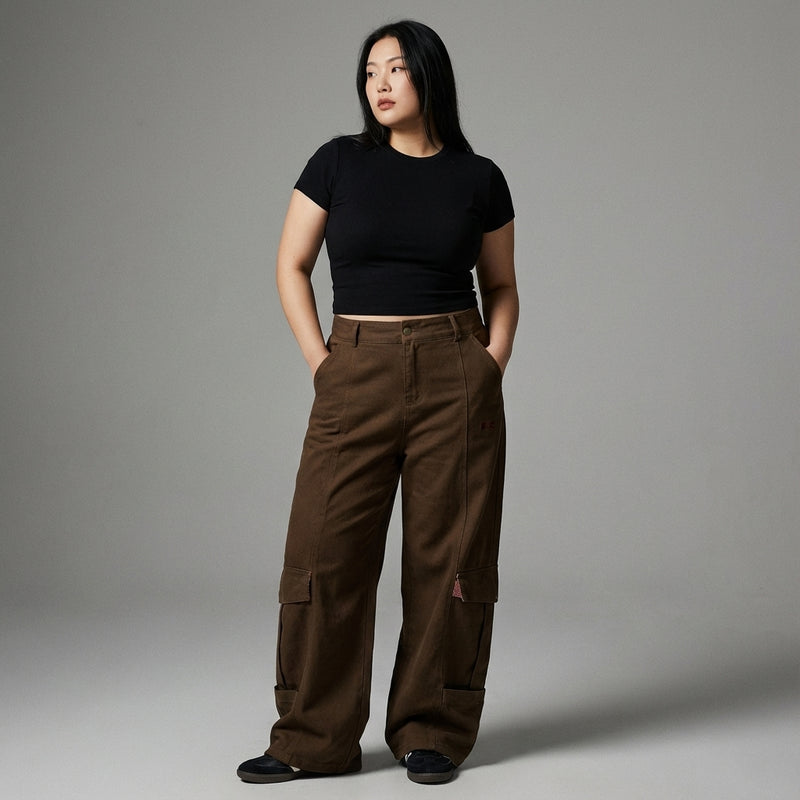 Pantalon cargo coréen femme denim noir avec poches - Style streetwear Koreanxwear - Taille XL - Grande Taille