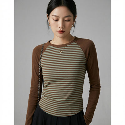 T-Shirt rayé à manches longues femme marron vert - Mode Coréenne Koreanxwear - Taille M