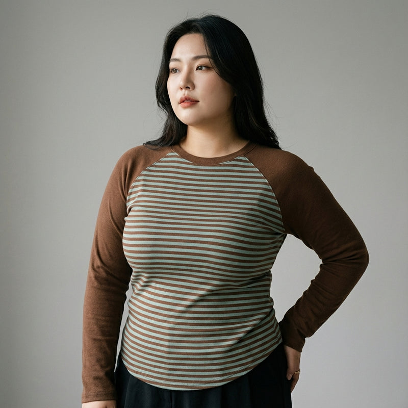 T-Shirt rayé à manches longues femme marron vert - Mode Coréenne Koreanxwear - Taille XL - Grande Taille